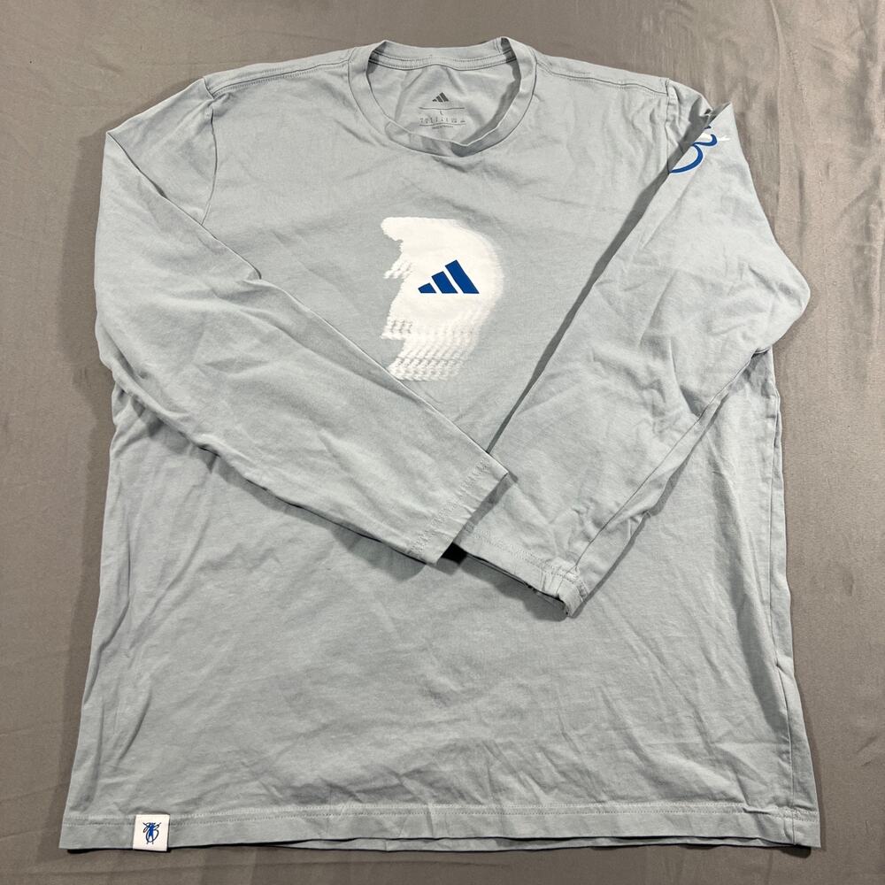 Adidas Mens Large Long Sleeve Shirt Blue Graphic Logo Athletic Tee